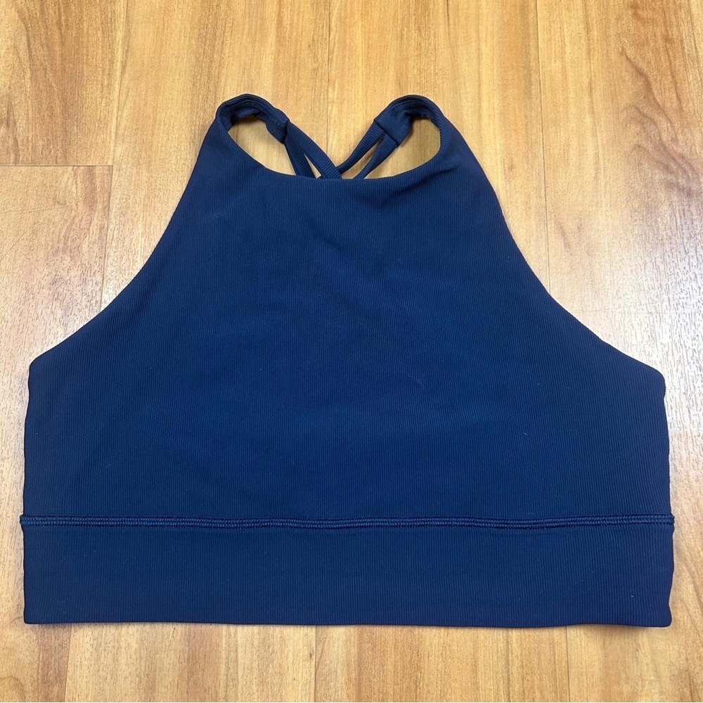 Lululemon Energy Bra Size 12 Long Line Navy Strappy Back Medium Support Athletic
